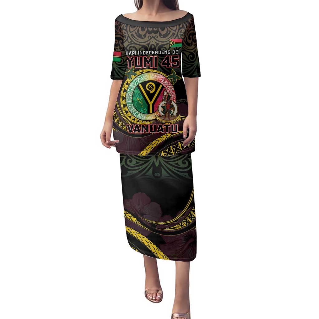 Personalised Vanuatu Family Matching Puletasi and Hawaiian Shirt Yumi 45th Hapi Independens Dei - Black Version LT14