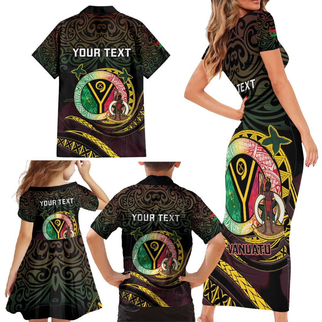 Personalised Vanuatu Family Matching Short Sleeve Bodycon Dress and Hawaiian Shirt Yumi 45th Hapi Independens Dei - Black Version LT14 - Polynesian Pride