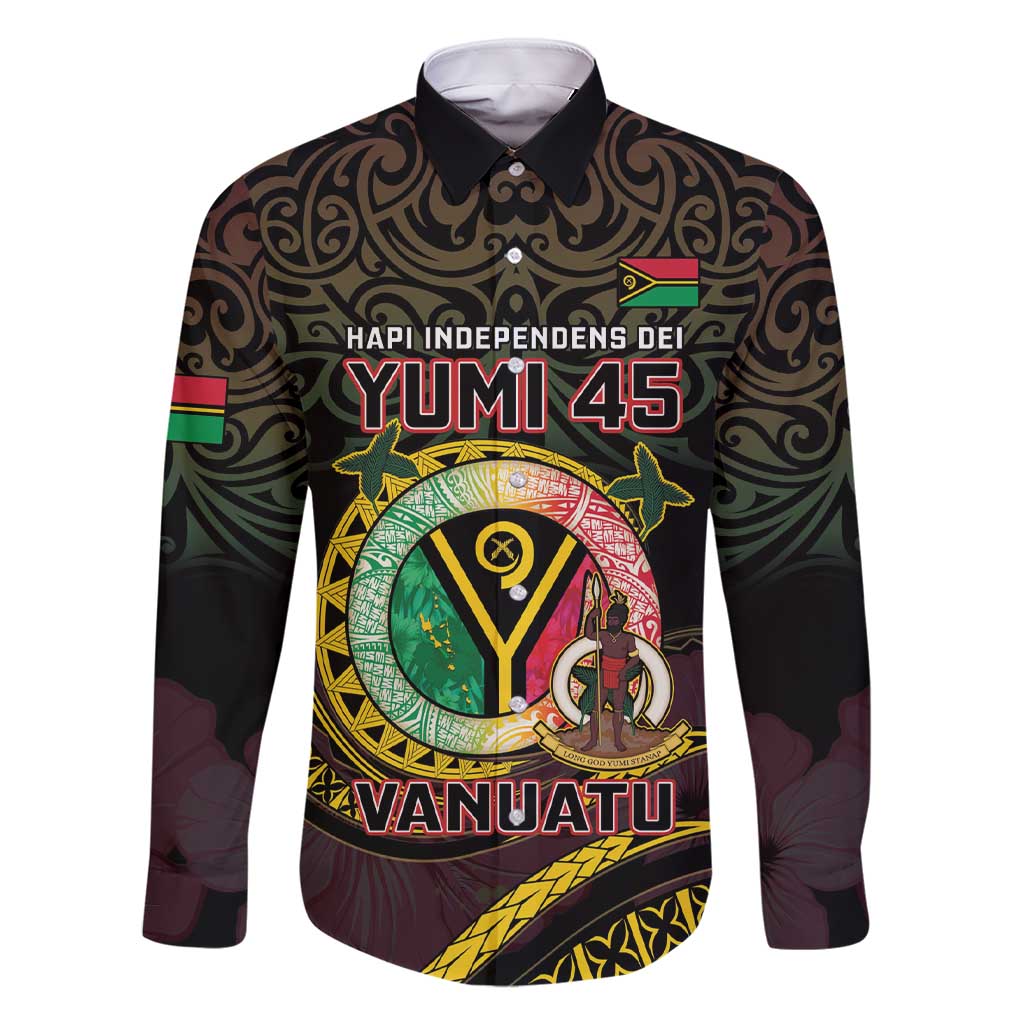 Personalised Vanuatu Family Matching Short Sleeve Bodycon Dress and Hawaiian Shirt Yumi 45th Hapi Independens Dei - Black Version LT14 Dad's Shirt - Long Sleeve Black - Polynesian Pride