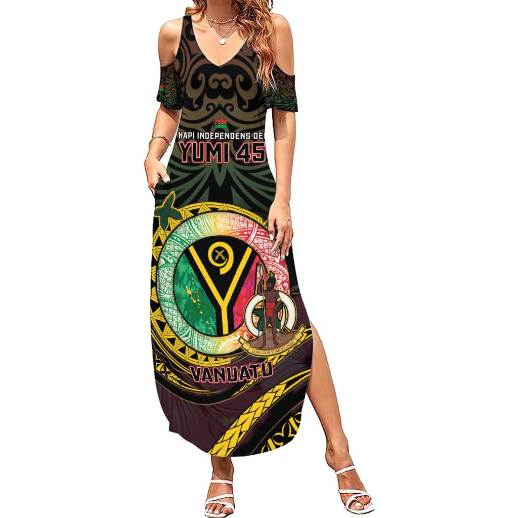 Personalised Vanuatu Family Matching Summer Maxi Dress and Hawaiian Shirt Yumi 45th Hapi Independens Dei - Black Version LT14