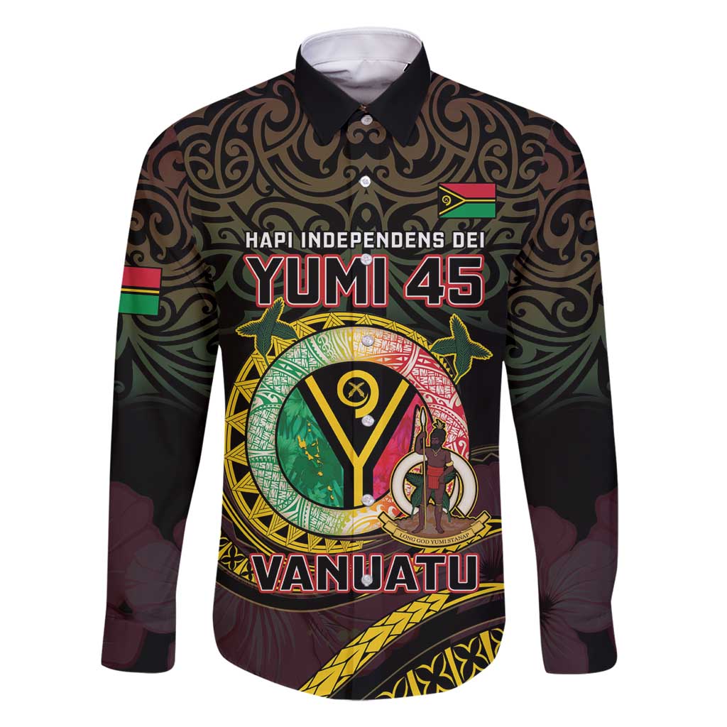 Personalised Vanuatu Family Matching Tank Maxi Dress and Hawaiian Shirt Yumi 45th Hapi Independens Dei - Black Version LT14 Dad's Shirt - Long Sleeve Black - Polynesian Pride