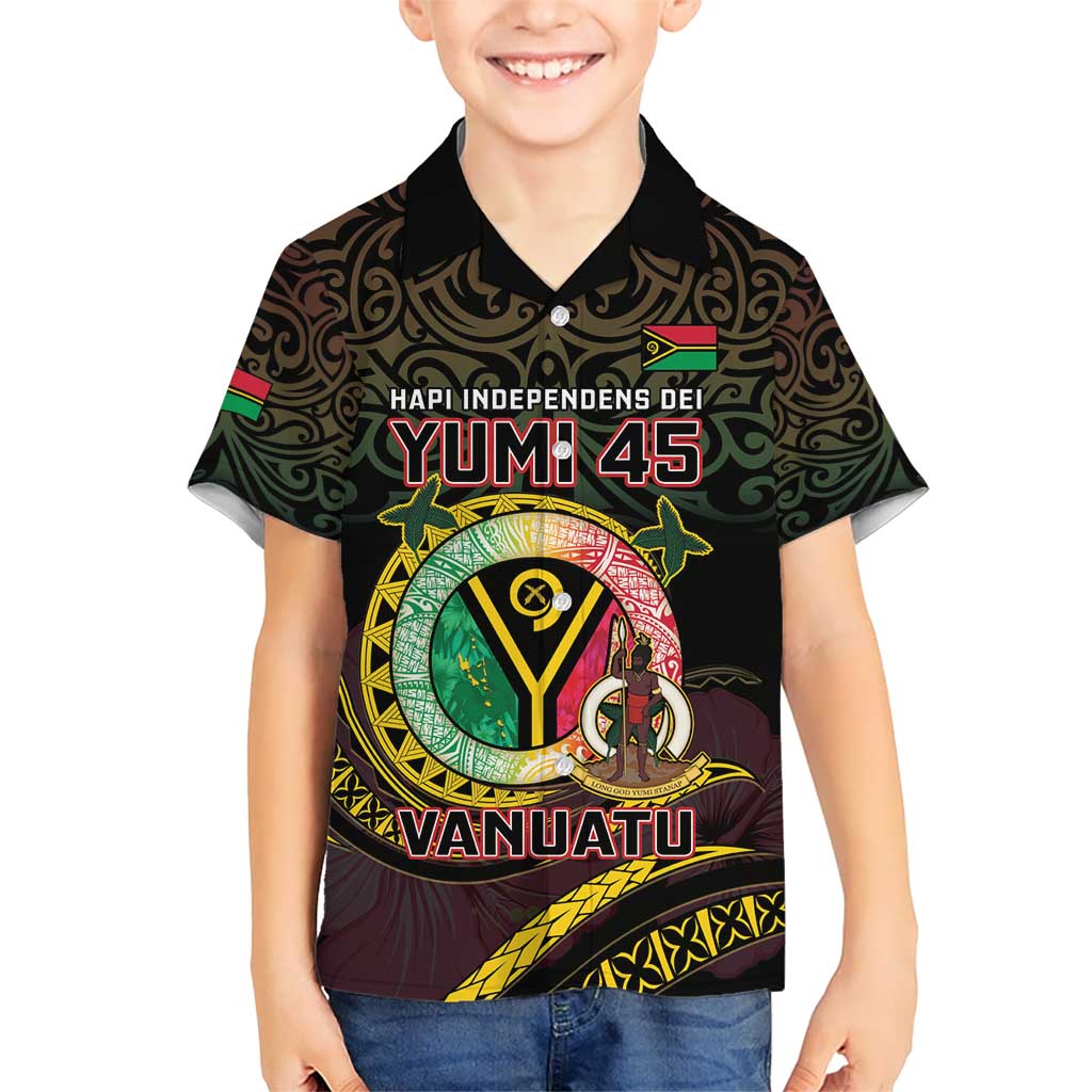 Personalised Vanuatu Kid Hawaiian Shirt Yumi 45th Hapi Independens Dei - Black Version LT14