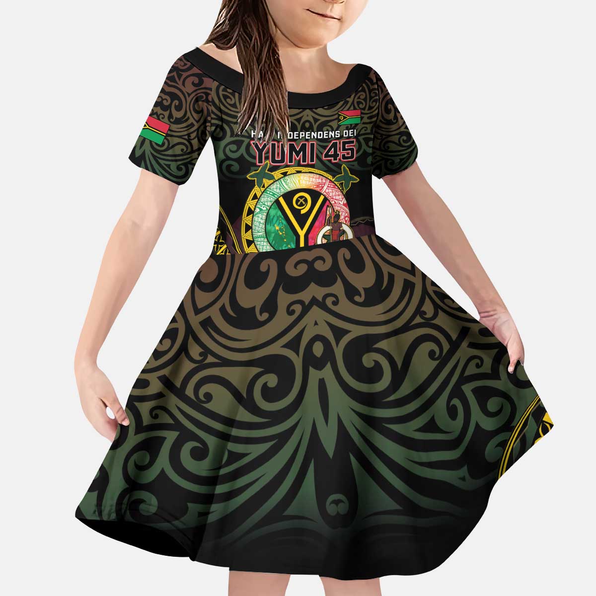 Personalised Vanuatu Kid Short Sleeve Dress Yumi 45th Hapi Independens Dei - Black Version LT14