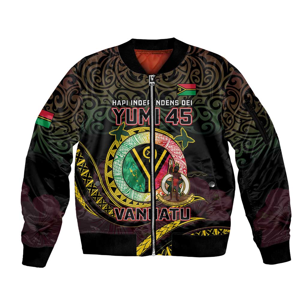 Personalised Vanuatu Sleeve Zip Bomber Jacket Yumi 45th Hapi Independens Dei - Black Version LT14