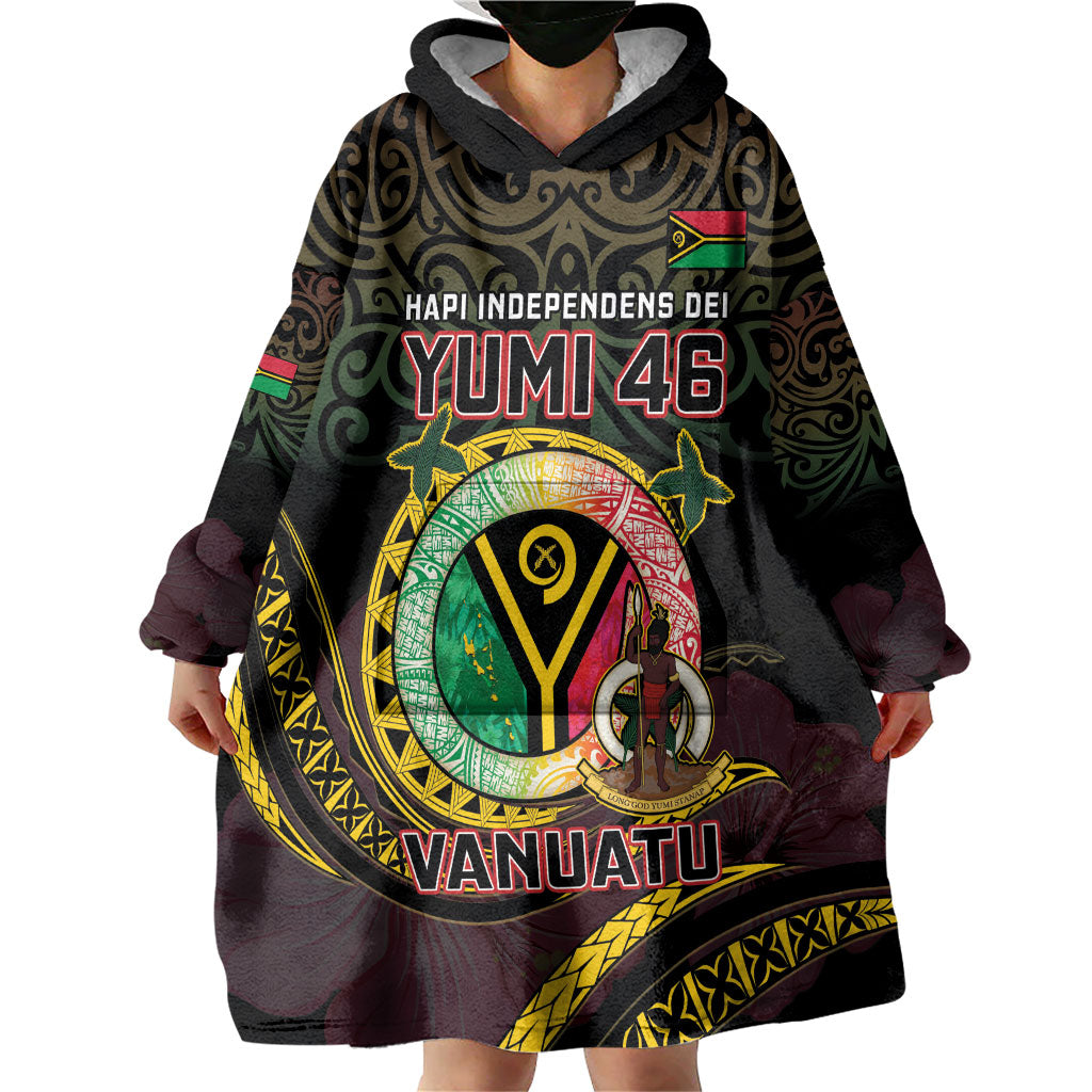 Personalised Vanuatu Wearable Blanket Hoodie Yumi 46th Hapi Independens Dei - Black Version LT14 - Polynesian Pride