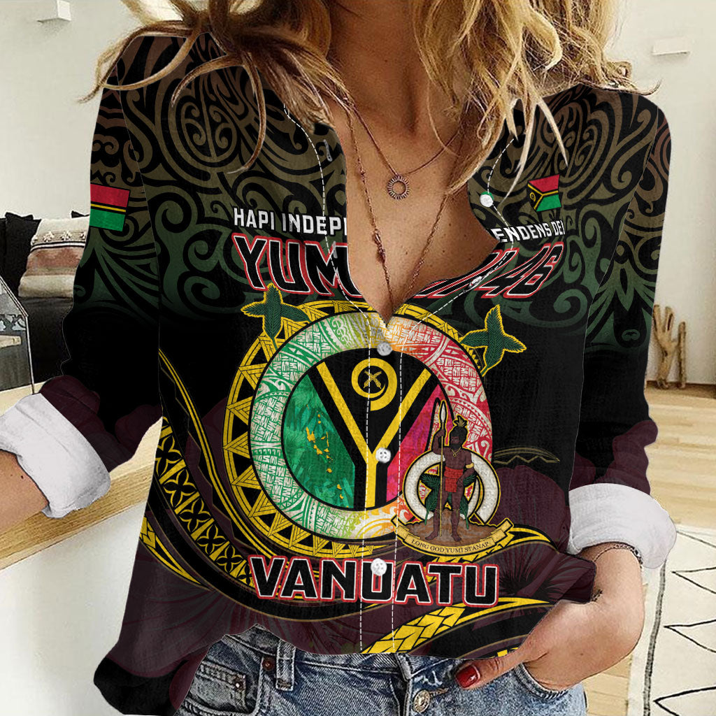 Personalised Vanuatu Women Casual Shirt Yumi 46th Hapi Independens Dei - Black Version LT14 Female Black - Polynesian Pride