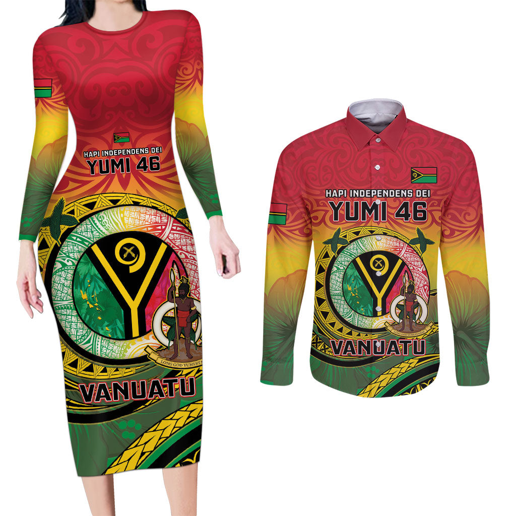 Personalised Vanuatu Couples Matching Long Sleeve Bodycon Dress and Long Sleeve Button Shirt Yumi 46th Hapi Independens Dei - Reggae Version LT14 Reggae - Polynesian Pride