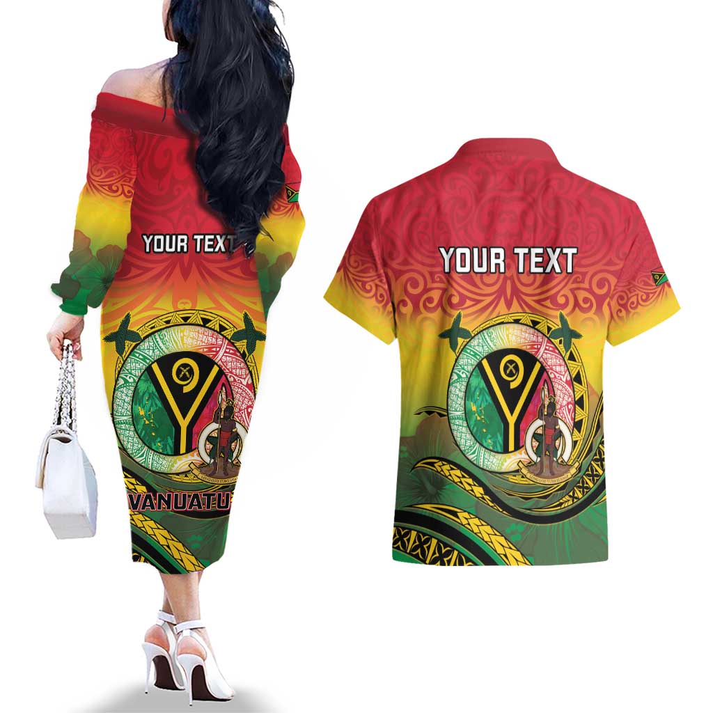 Personalised Vanuatu Couples Matching Off The Shoulder Long Sleeve Dress and Hawaiian Shirt Yumi 45th Hapi Independens Dei - Reggae Version LT14