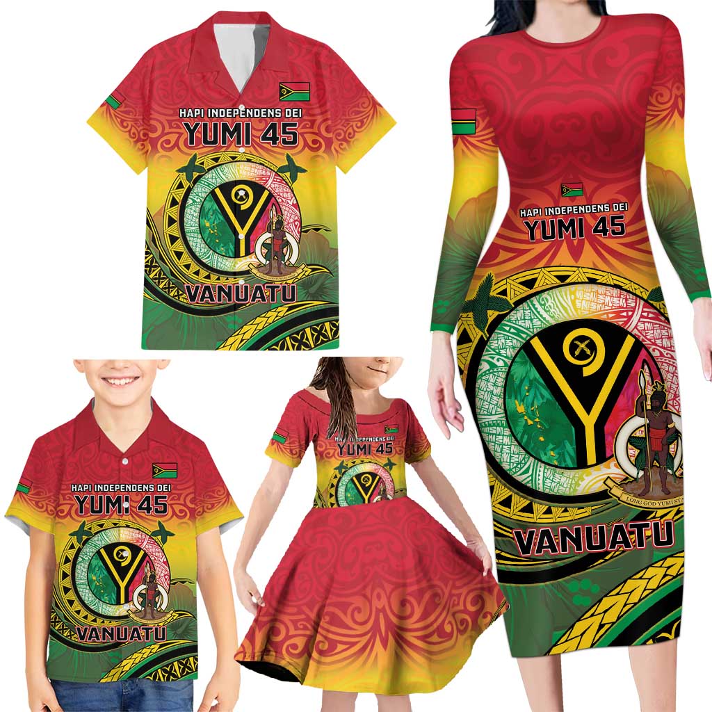 Personalised Vanuatu Family Matching Long Sleeve Bodycon Dress and Hawaiian Shirt Yumi 45th Hapi Independens Dei - Reggae Version LT14