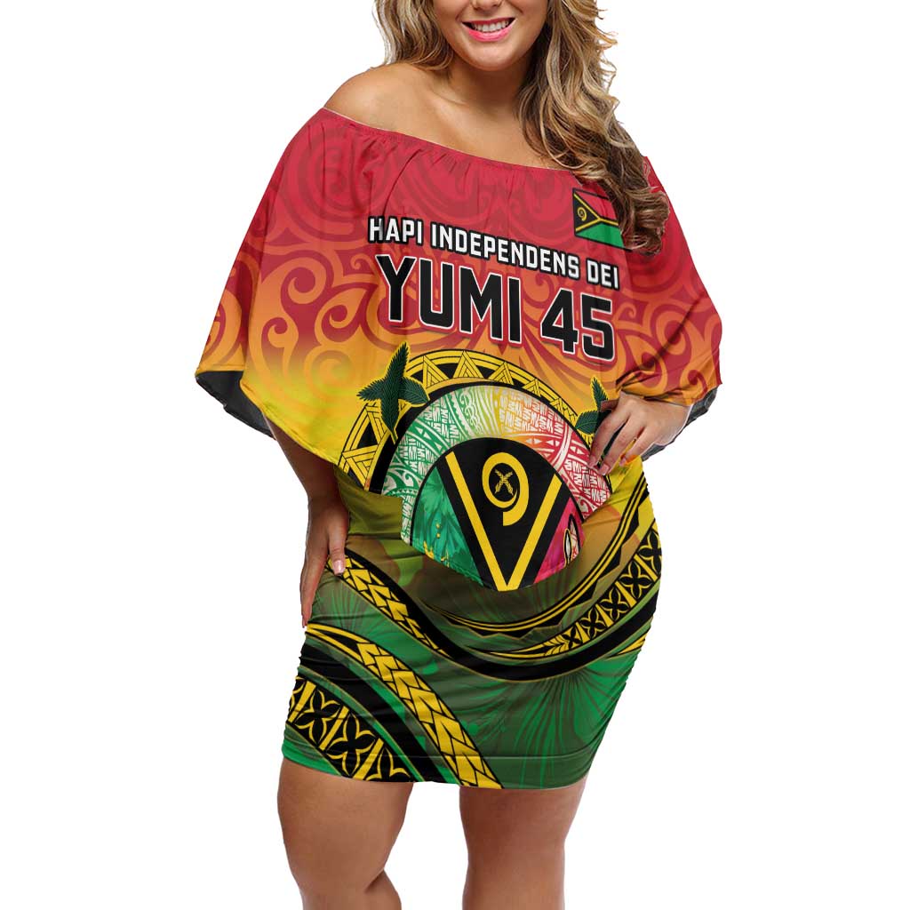 Personalised Vanuatu Family Matching Off Shoulder Short Dress and Hawaiian Shirt Yumi 45th Hapi Independens Dei - Reggae Version LT14