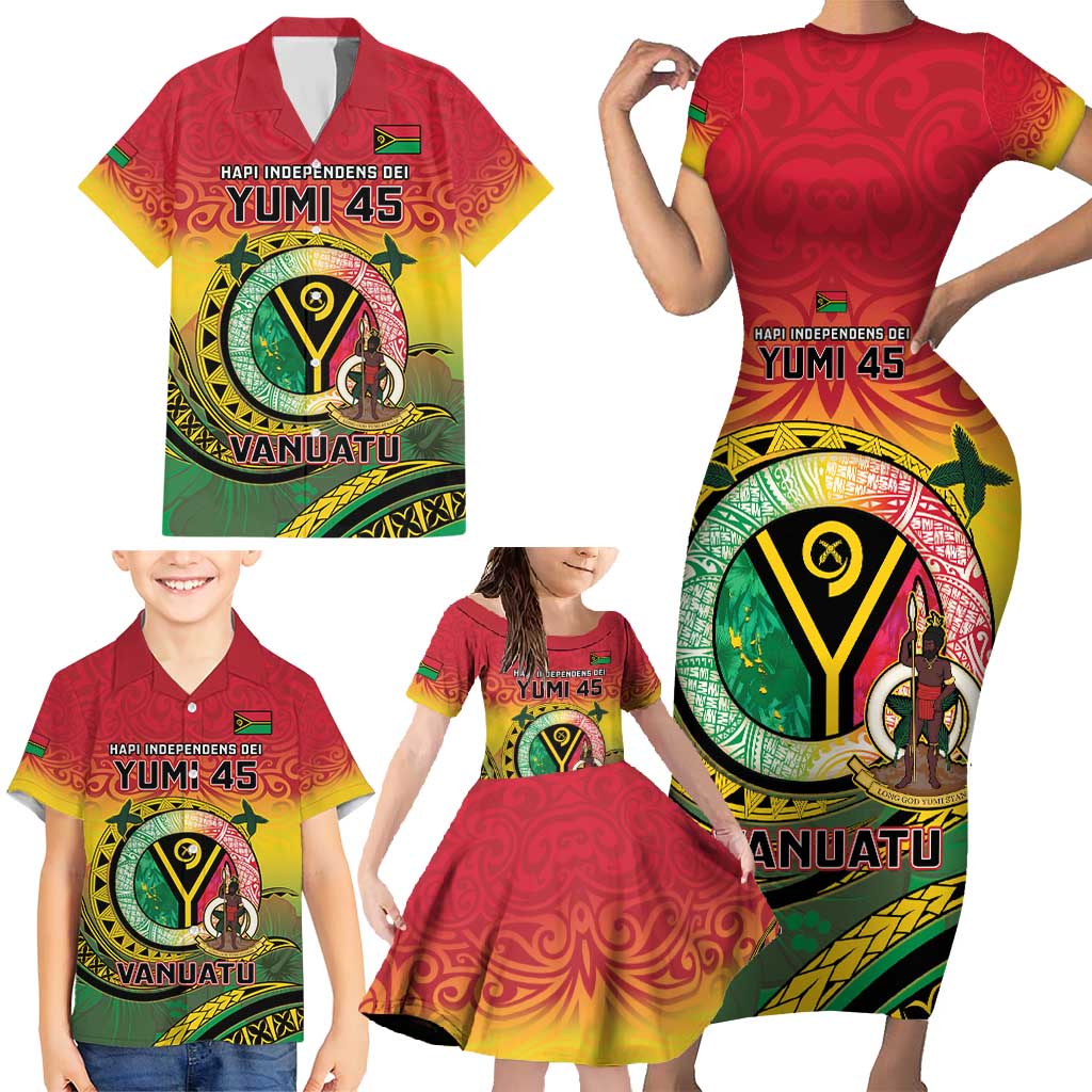 Personalised Vanuatu Family Matching Short Sleeve Bodycon Dress and Hawaiian Shirt Yumi 45th Hapi Independens Dei - Reggae Version LT14 - Polynesian Pride