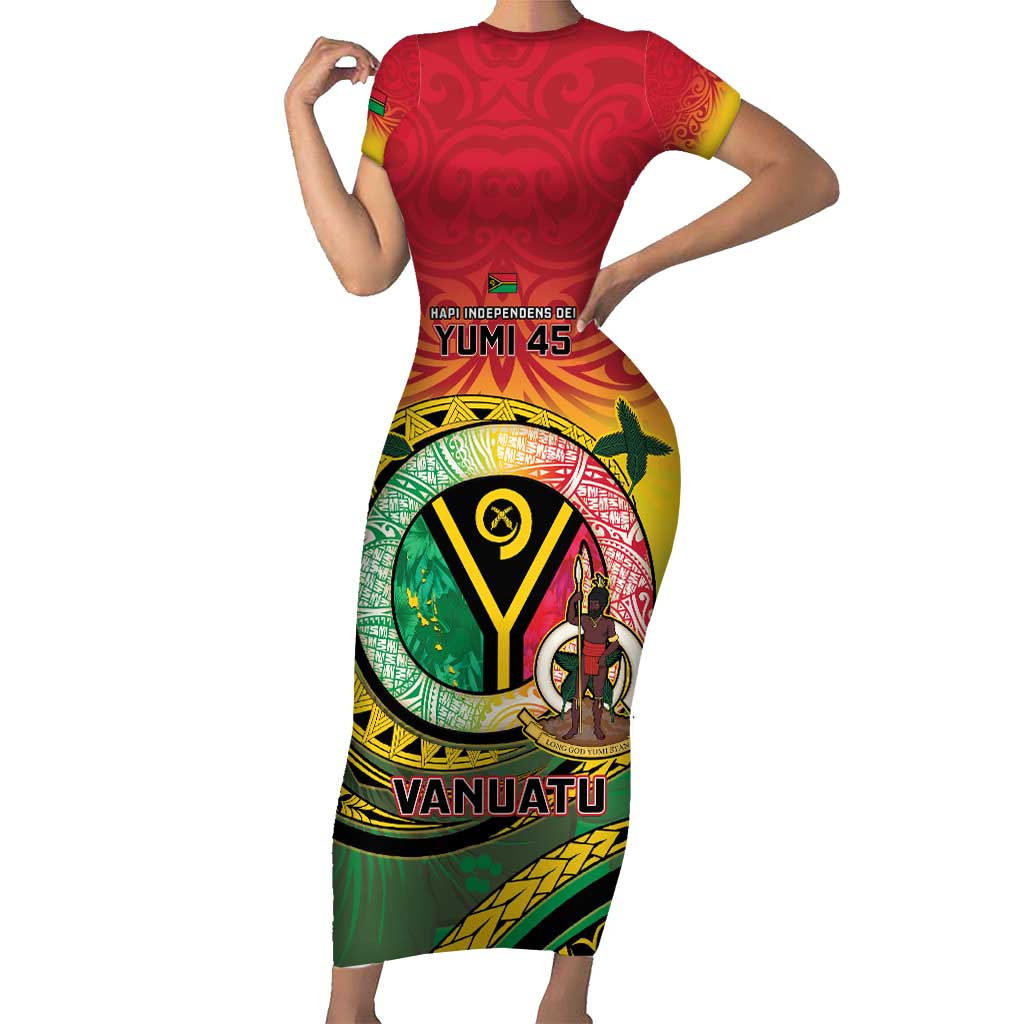 Personalised Vanuatu Family Matching Short Sleeve Bodycon Dress and Hawaiian Shirt Yumi 45th Hapi Independens Dei - Reggae Version LT14 Mom's Dress Reggae - Polynesian Pride