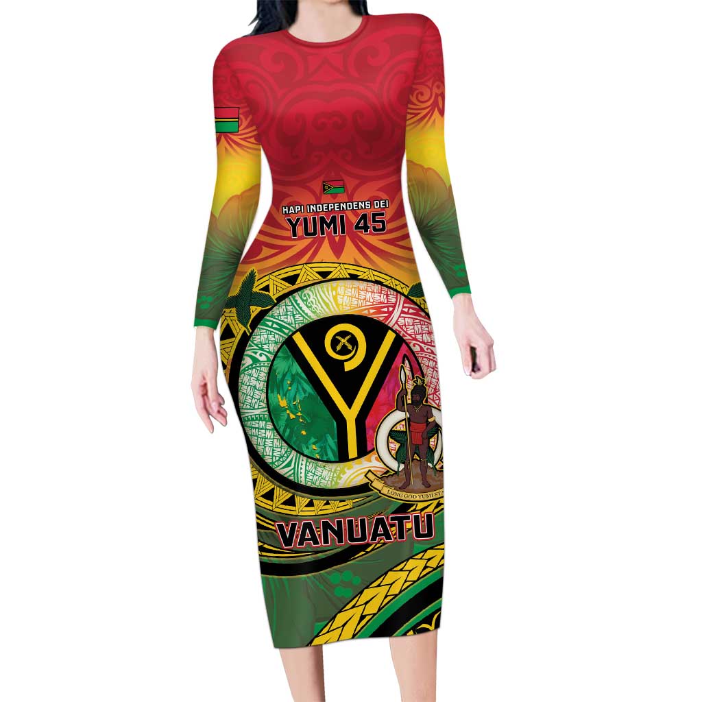 Personalised Vanuatu Long Sleeve Bodycon Dress Yumi 45th Hapi Independens Dei - Reggae Version LT14