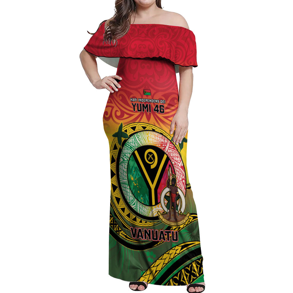 Personalised Vanuatu Off Shoulder Maxi Dress Yumi 46th Hapi Independens Dei - Reggae Version LT14 Women Reggae - Polynesian Pride