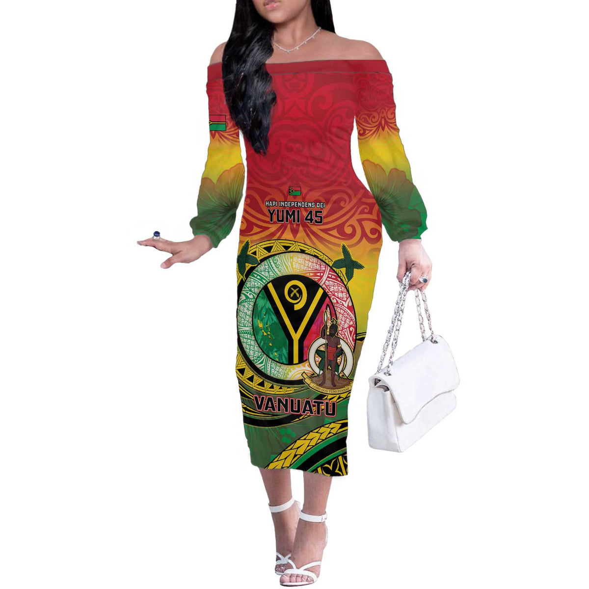 Personalised Vanuatu Off The Shoulder Long Sleeve Dress Yumi 45th Hapi Independens Dei - Reggae Version LT14