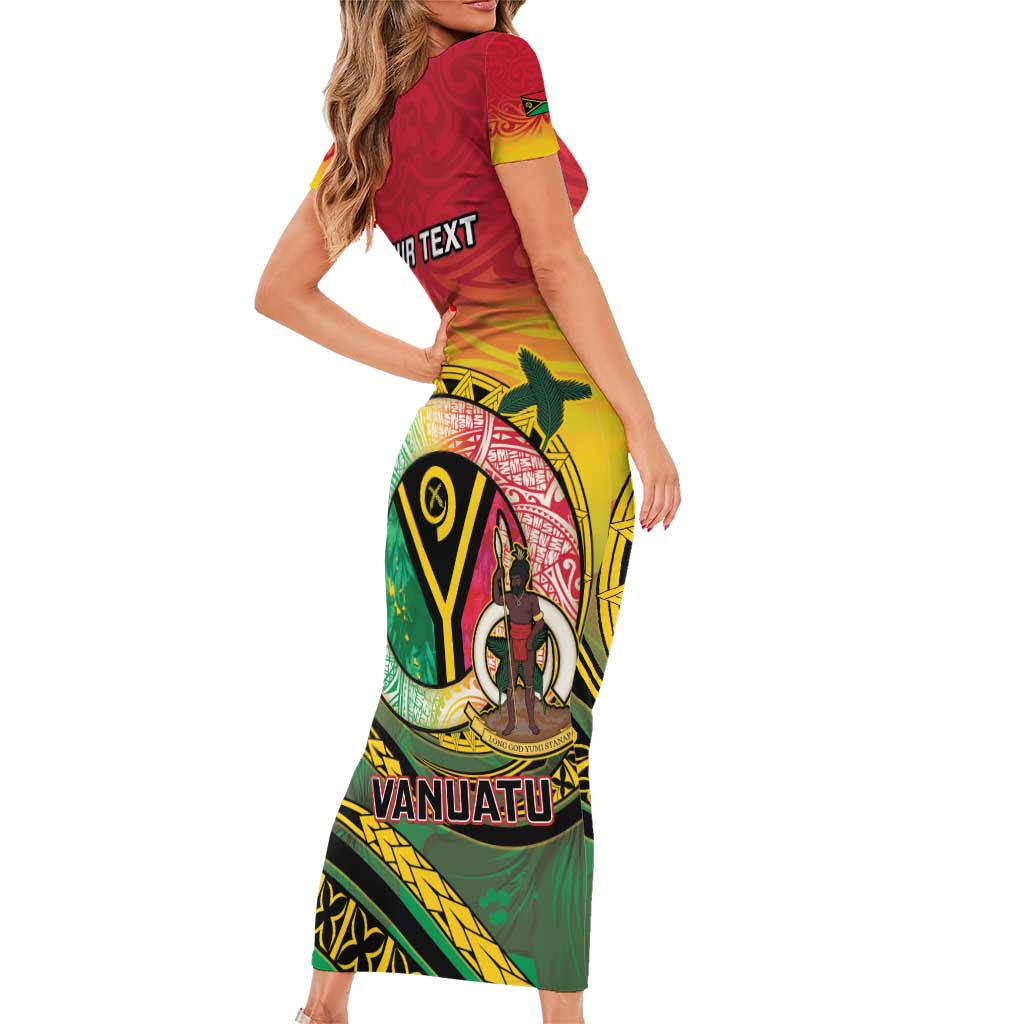 Personalised Vanuatu Short Sleeve Bodycon Dress Yumi 45th Hapi Independens Dei - Reggae Version LT14
