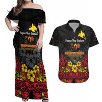 Papua New Guinea Independence Day Couples Matching Off Shoulder Maxi Dress and Hawaiian Shirt PNG Bird of Paradise 50th Anniversary LT14 Black - Polynesian Pride
