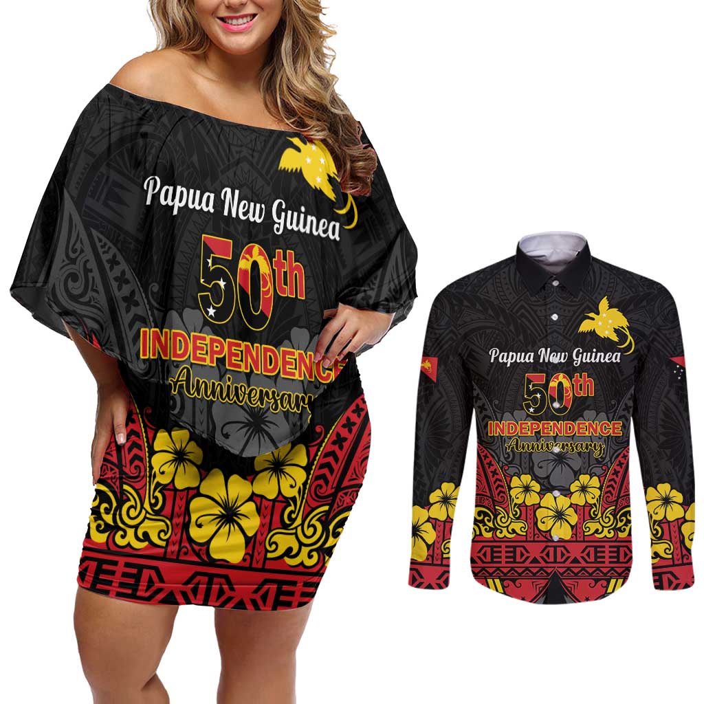 Papua New Guinea Independence Day Couples Matching Off Shoulder Short Dress and Long Sleeve Button Shirt PNG Bird of Paradise 50th Anniversary LT14 Black - Polynesian Pride