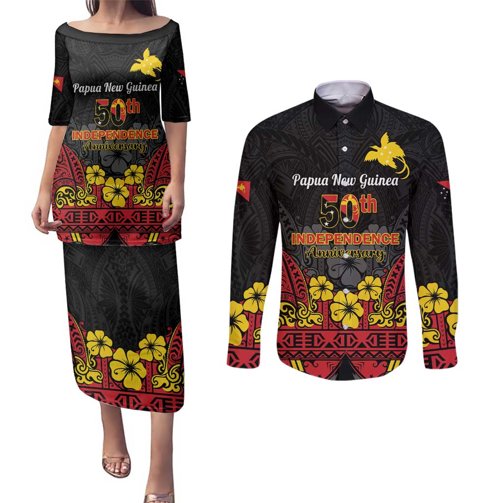 Papua New Guinea Independence Day Couples Matching Puletasi and Long Sleeve Button Shirt PNG Bird of Paradise 50th Anniversary LT14