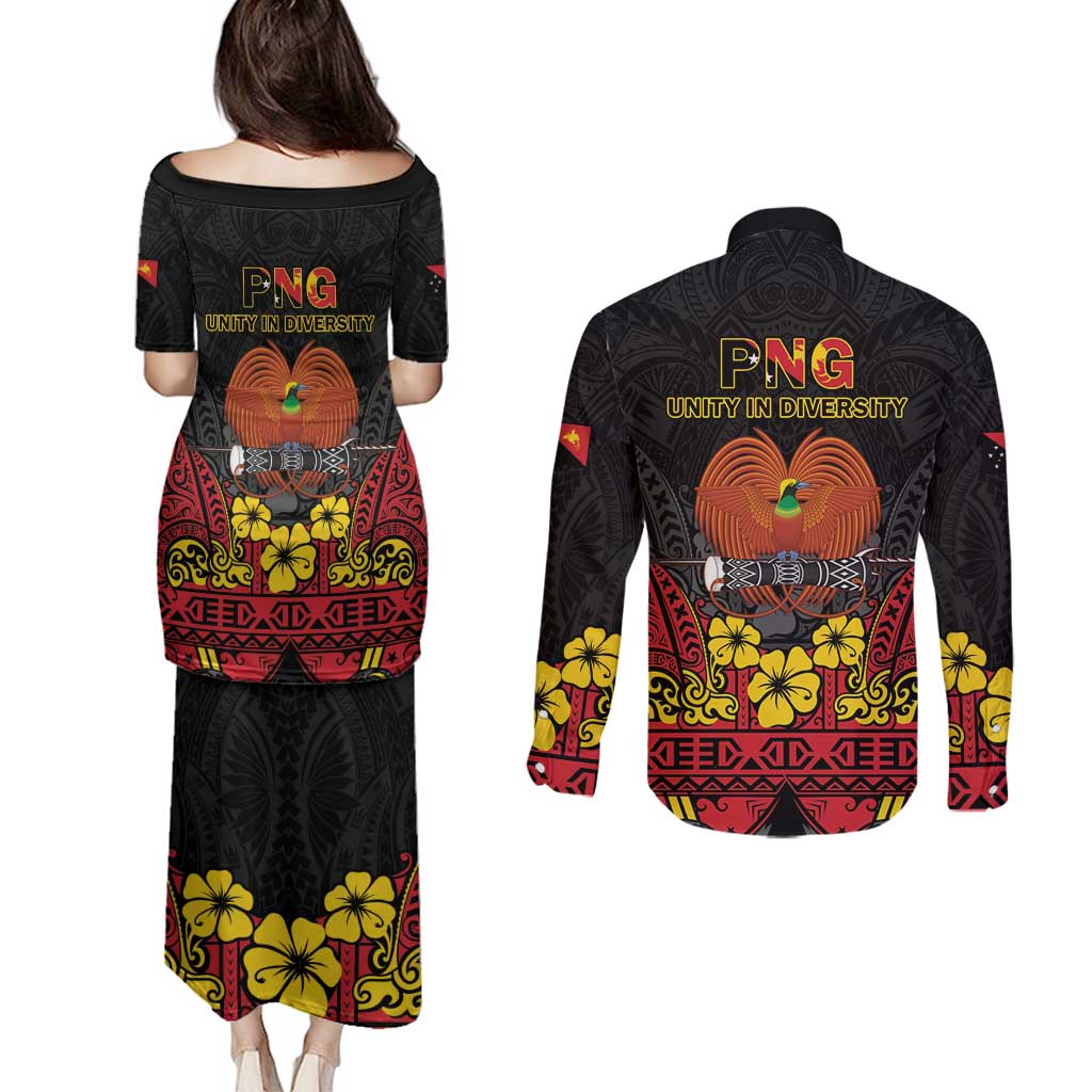 Papua New Guinea Independence Day Couples Matching Puletasi and Long Sleeve Button Shirt PNG Bird of Paradise 50th Anniversary LT14