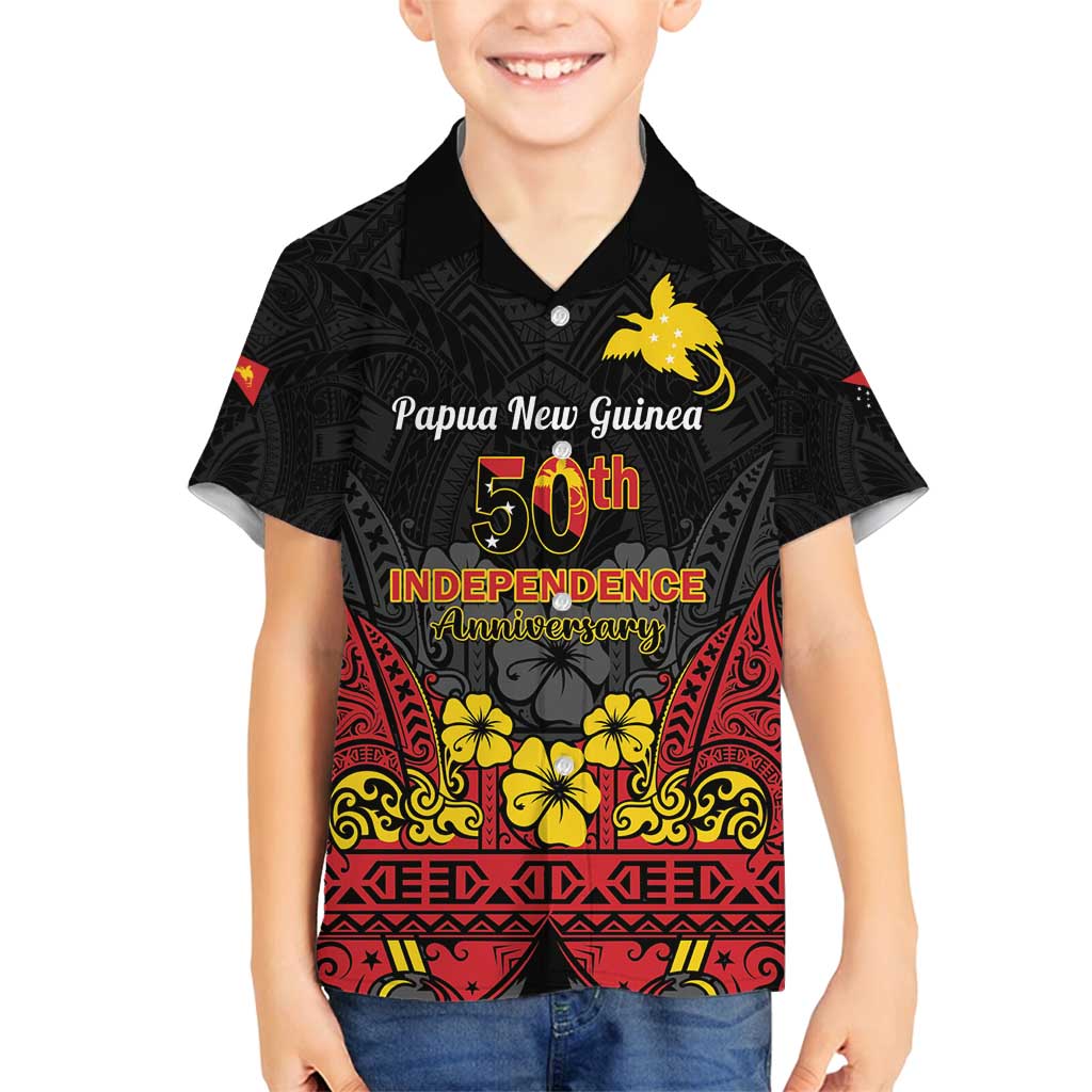 Papua New Guinea Independence Day Family Matching Long Sleeve Bodycon Dress and Hawaiian Shirt PNG Bird of Paradise 50th Anniversary LT14 Son's Shirt Black - Polynesian Pride