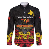 Papua New Guinea Independence Day Family Matching Off Shoulder Maxi Dress and Hawaiian Shirt PNG Bird of Paradise 50th Anniversary LT14 Dad's Shirt - Long Sleeve Black - Polynesian Pride