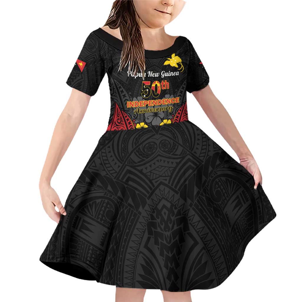 Papua New Guinea Independence Day Family Matching Off Shoulder Short Dress and Hawaiian Shirt PNG Bird of Paradise 50th Anniversary LT14 Daughter's Dress Black - Polynesian Pride