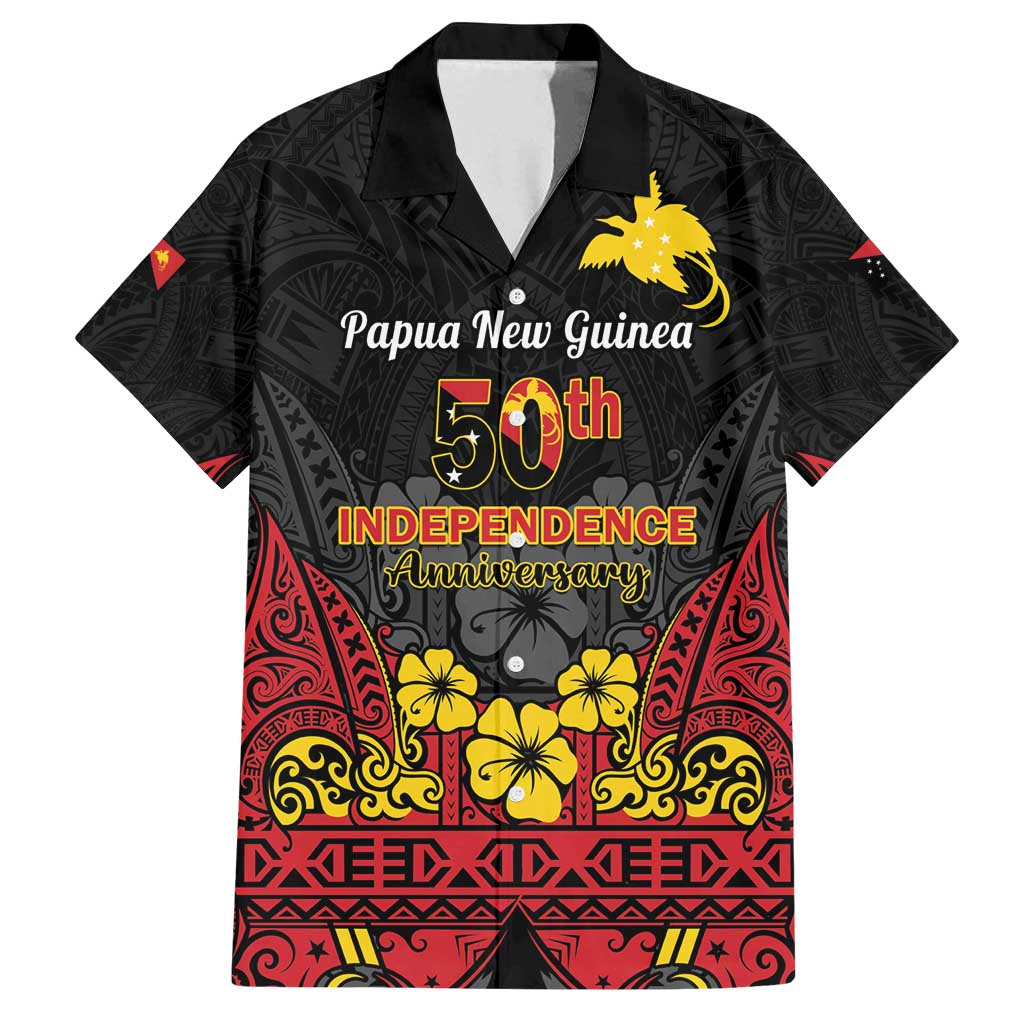 Papua New Guinea Independence Day Family Matching Off Shoulder Short Dress and Hawaiian Shirt PNG Bird of Paradise 50th Anniversary LT14 Dad's Shirt - Short Sleeve Black - Polynesian Pride