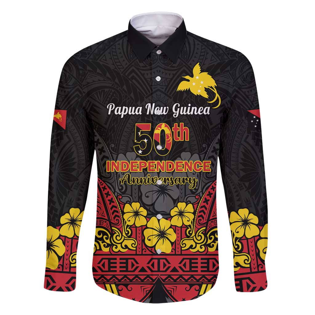 Papua New Guinea Independence Day Family Matching Tank Maxi Dress and Hawaiian Shirt PNG Bird of Paradise 50th Anniversary LT14 Dad's Shirt - Long Sleeve Black - Polynesian Pride