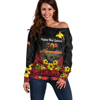 Papua New Guinea Independence Day Off Shoulder Sweater PNG Bird of Paradise 50th Anniversary LT14 Women Black - Polynesian Pride