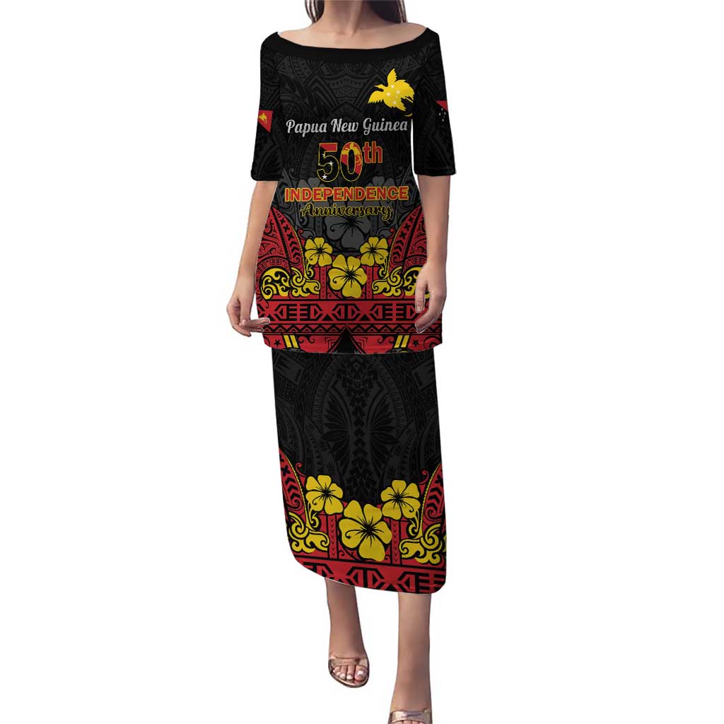Papua New Guinea Independence Day Puletasi PNG Bird of Paradise 50th Anniversary LT14 Long Dress Black - Polynesian Pride