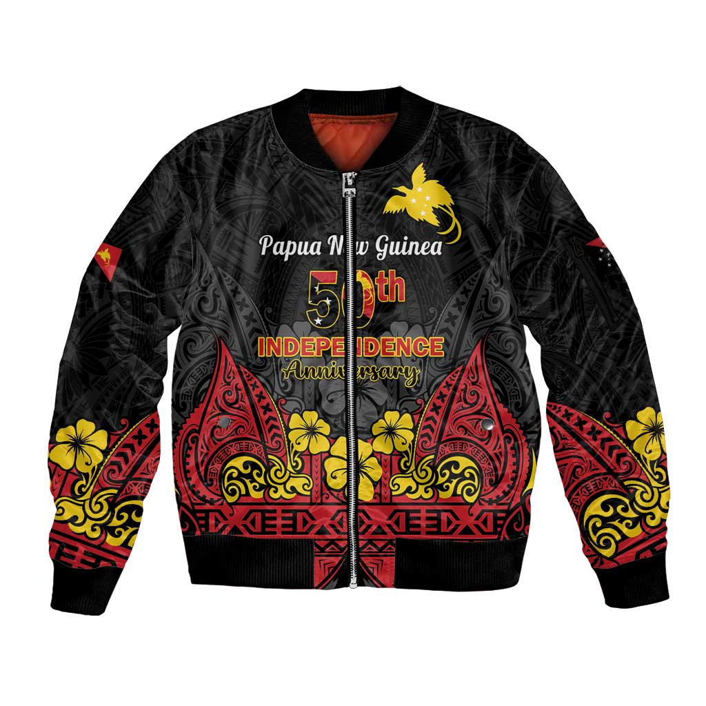 Papua New Guinea Independence Day Sleeve Zip Bomber Jacket PNG Bird of Paradise 50th Anniversary LT14 Unisex Black - Polynesian Pride
