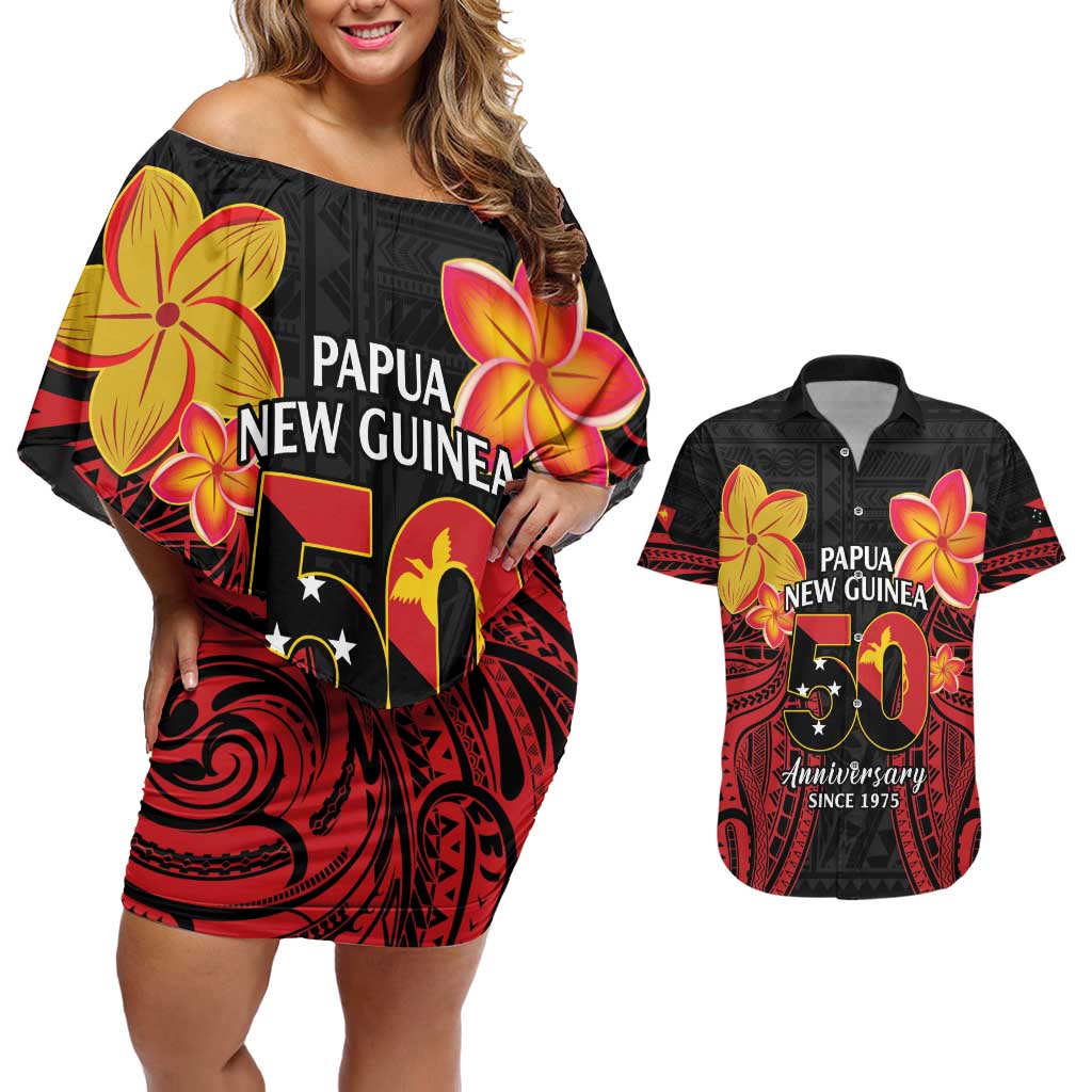 Papua New Guinea Independence Day Couples Matching Off Shoulder Short Dress and Hawaiian Shirt PNG Since 1975 LT14