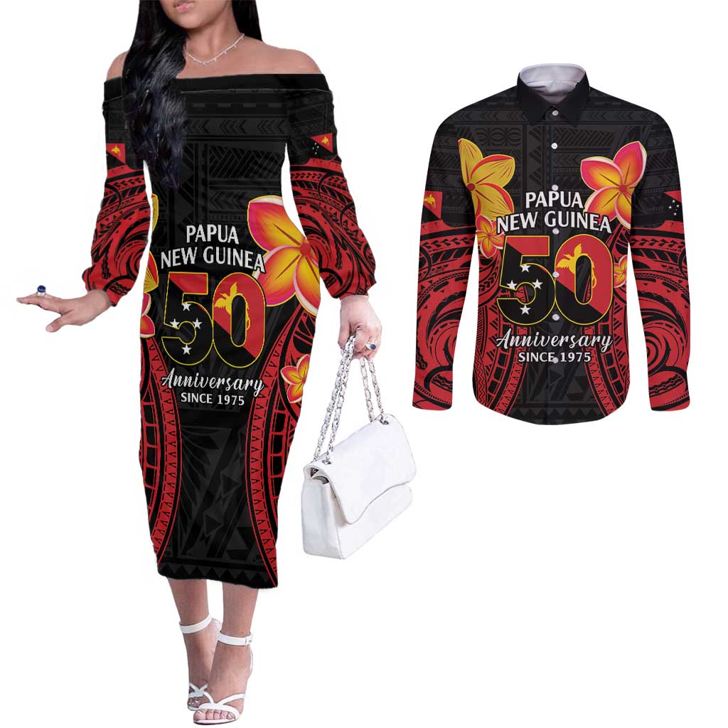 Papua New Guinea Independence Day Couples Matching Off The Shoulder Long Sleeve Dress and Long Sleeve Button Shirt PNG Since 1975 LT14