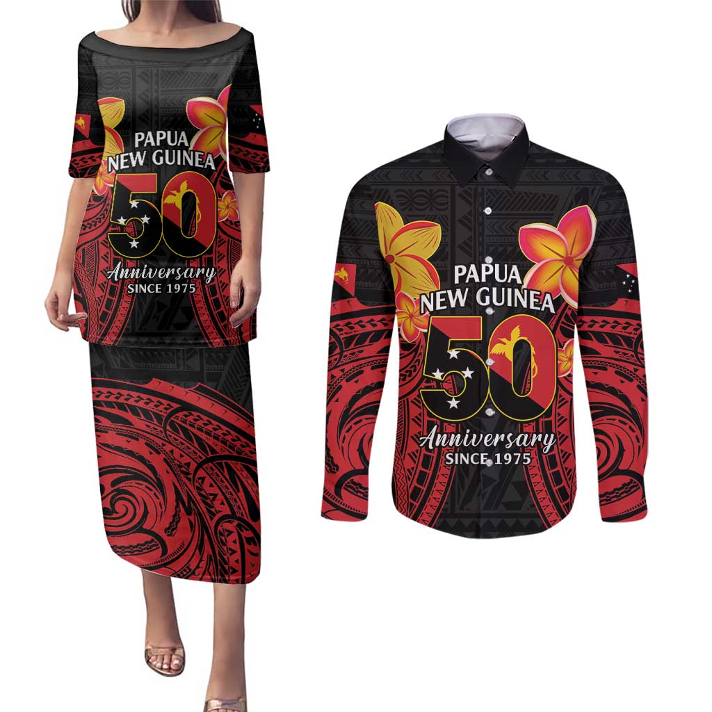 Papua New Guinea Independence Day Couples Matching Puletasi and Long Sleeve Button Shirt PNG Since 1975 LT14