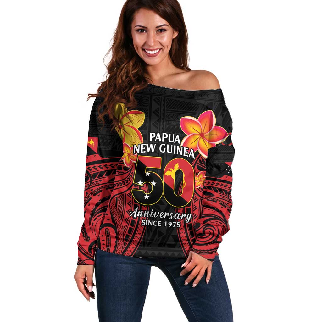 Papua New Guinea Independence Day Off Shoulder Sweater PNG Since 1975 LT14 Women Black - Polynesian Pride