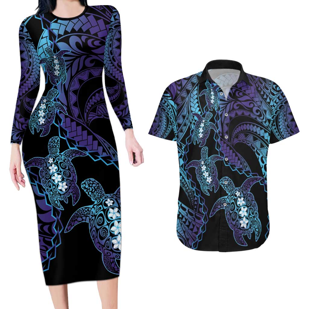 Polynesia Sea Turtle Day Couples Matching Long Sleeve Bodycon Dress and Hawaiian Shirt Tribal Honu Plumeria Polynesian Pattern