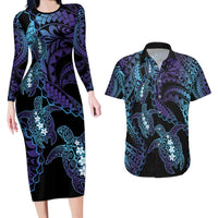Polynesia Sea Turtle Day Couples Matching Long Sleeve Bodycon Dress and Hawaiian Shirt Tribal Honu Plumeria Polynesian Pattern