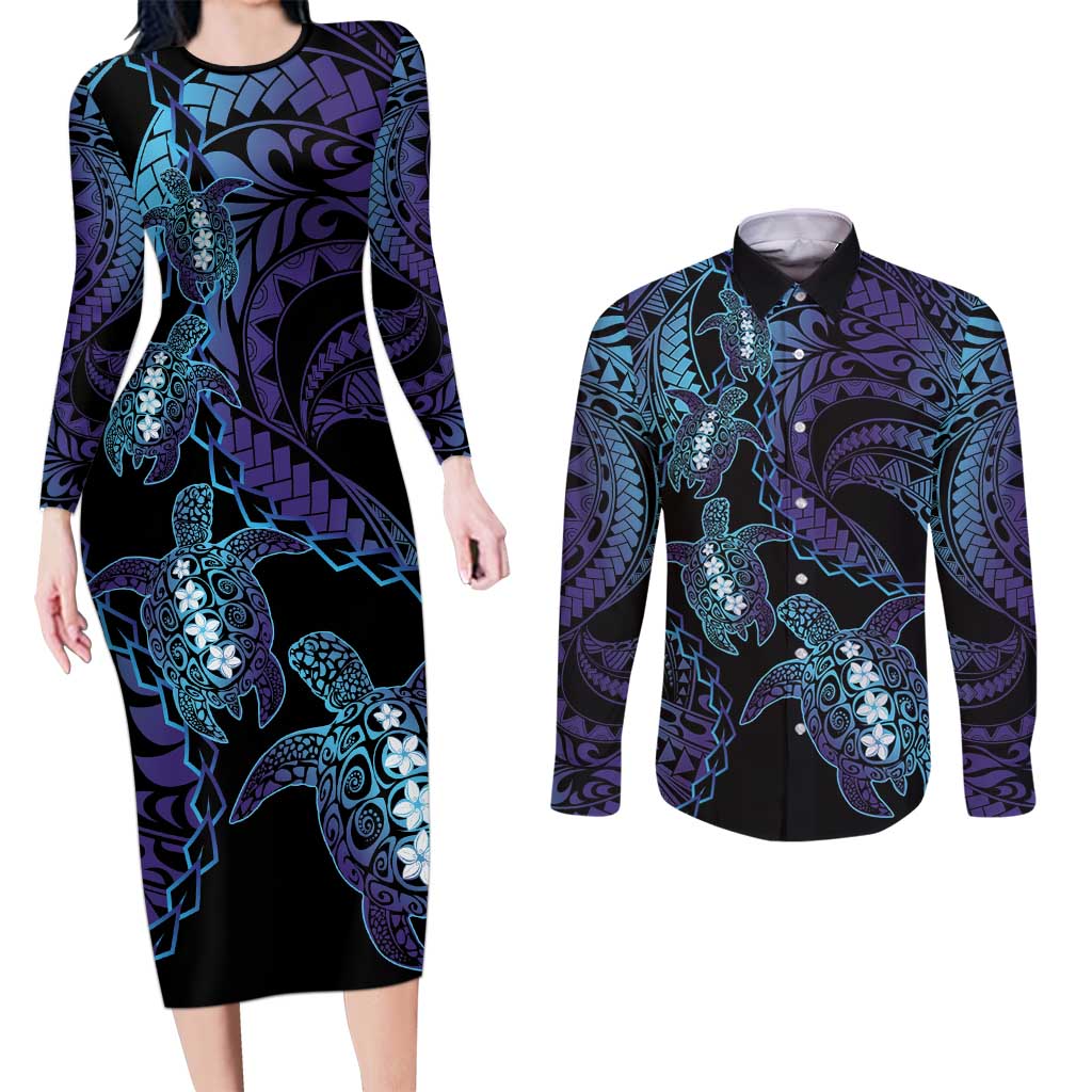 Polynesia Sea Turtle Day Couples Matching Long Sleeve Bodycon Dress and Long Sleeve Button Shirt Tribal Honu Plumeria Polynesian Pattern