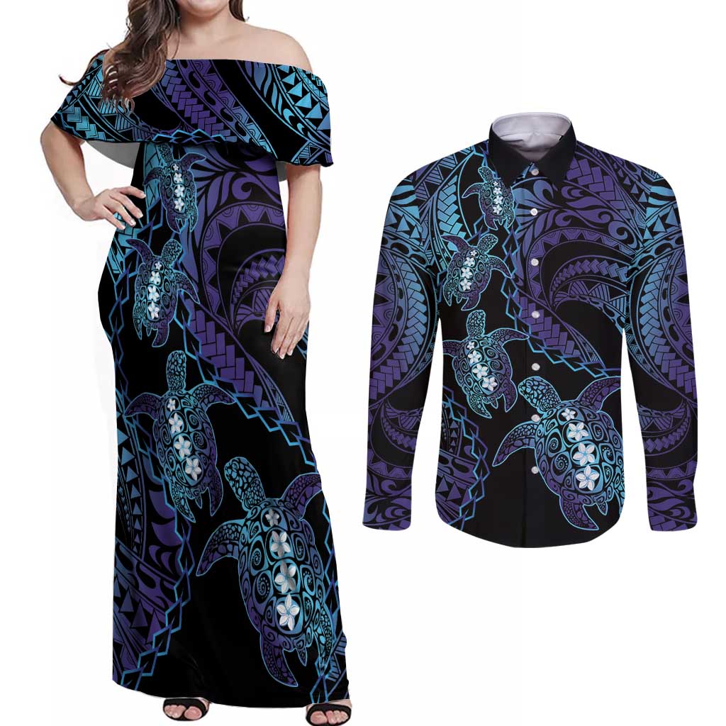 Polynesia Sea Turtle Day Couples Matching Off Shoulder Maxi Dress and Long Sleeve Button Shirt Tribal Honu Plumeria Polynesian Pattern