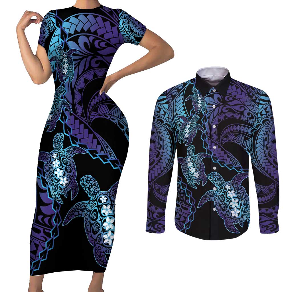 Polynesia Sea Turtle Day Couples Matching Short Sleeve Bodycon Dress and Long Sleeve Button Shirt Tribal Honu Plumeria Polynesian Pattern