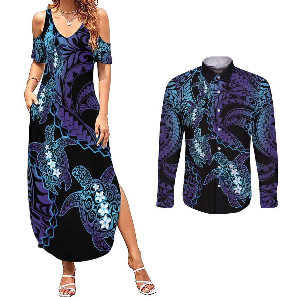 Polynesia Sea Turtle Day Couples Matching Summer Maxi Dress and Long Sleeve Button Shirt Tribal Honu Plumeria Polynesian Pattern