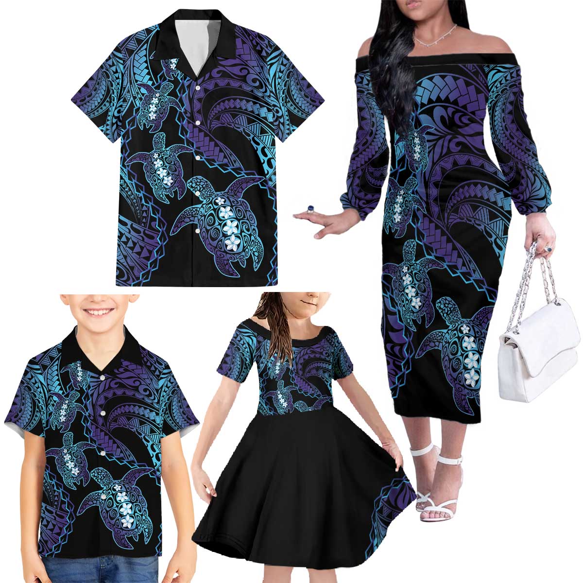 Polynesia Sea Turtle Day Family Matching Off The Shoulder Long Sleeve Dress and Hawaiian Shirt Tribal Honu Plumeria Polynesian Pattern