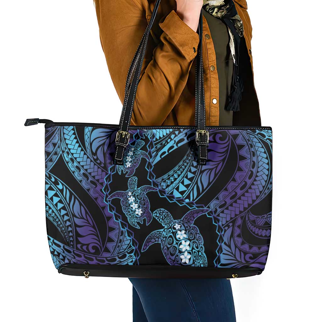 Polynesia Sea Turtle Day Leather Tote Bag Tribal Honu Plumeria Polynesian Pattern