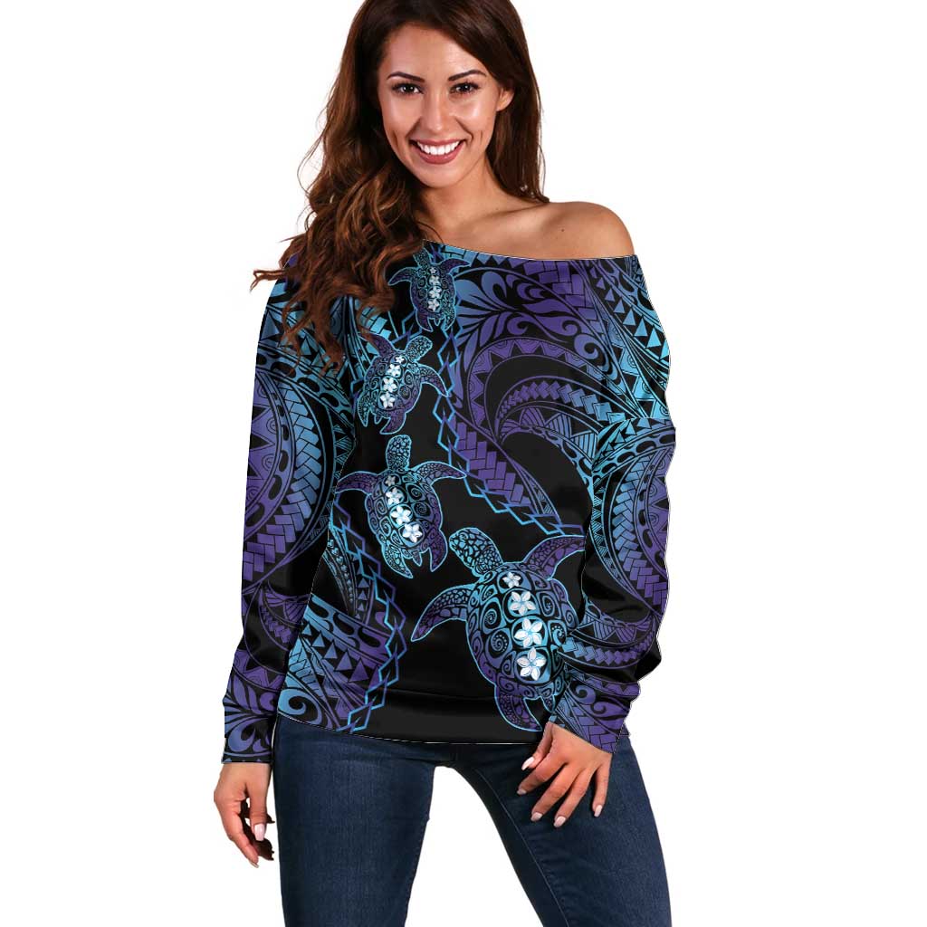 Polynesia Sea Turtle Day Off Shoulder Sweater Tribal Honu Plumeria Polynesian Pattern