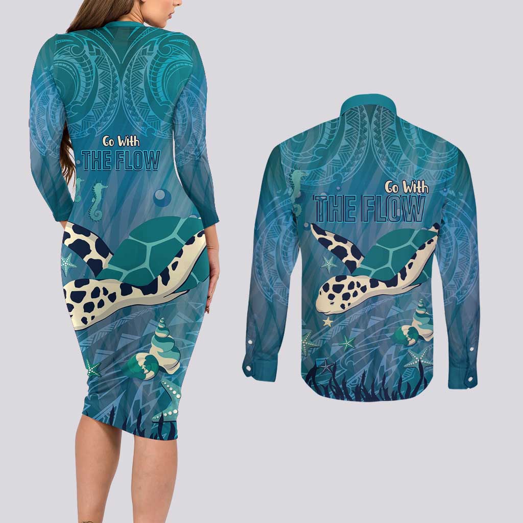 World Sea Turtle Day Polynesia Couples Matching Long Sleeve Bodycon Dress and Long Sleeve Button Shirt Go With The Flow