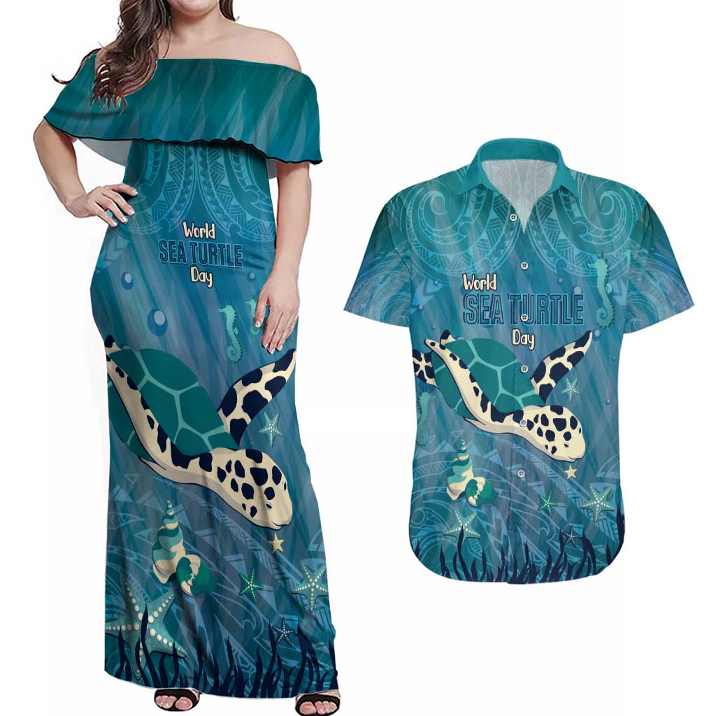 World Sea Turtle Day Polynesia Couples Matching Off Shoulder Maxi Dress and Hawaiian Shirt Go With The Flow