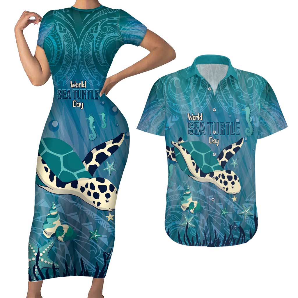 World Sea Turtle Day Polynesia Couples Matching Short Sleeve Bodycon Dress and Hawaiian Shirt Go With The Flow
