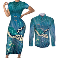 World Sea Turtle Day Polynesia Couples Matching Short Sleeve Bodycon Dress and Long Sleeve Button Shirt Go With The Flow