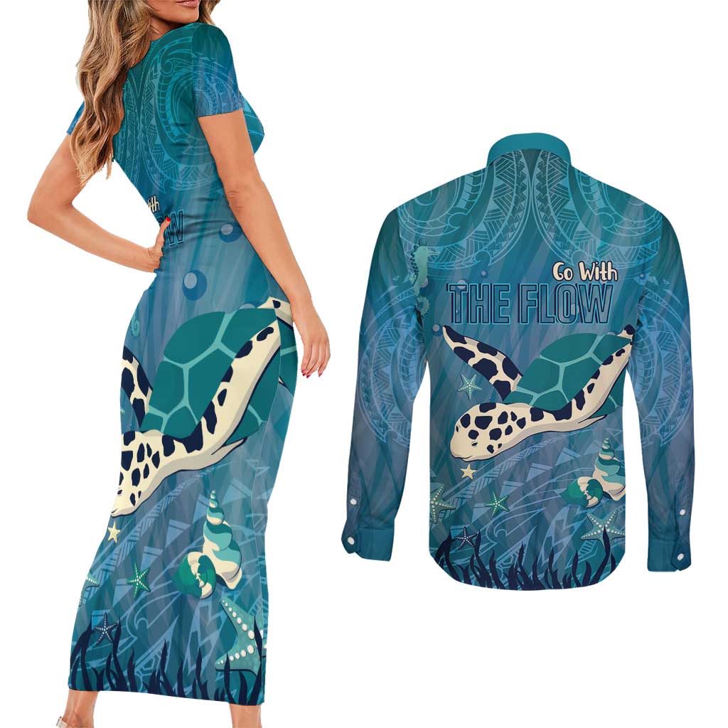World Sea Turtle Day Polynesia Couples Matching Short Sleeve Bodycon Dress and Long Sleeve Button Shirt Go With The Flow